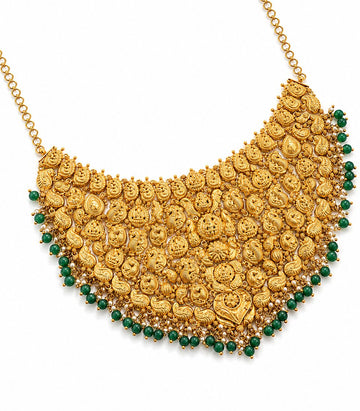 A Long Gold Haram With A Central Arched Pendant Featuring A Seated Deity Couple
