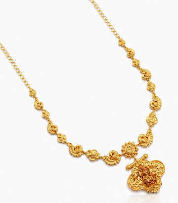 A Delicate Gold Necklace Featuring A Traditional South Indian Temple Jewelry Design.
