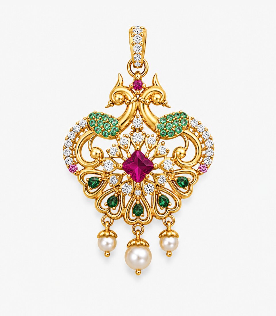 Ruby & Emerald Vintage Floral Gold Pendant