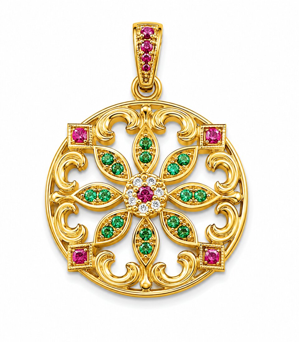Ruby & Emerald Floral Filigree Gold Pendant