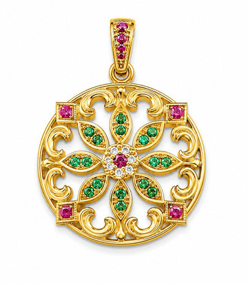 Ruby & Emerald Floral Filigree Gold Pendant