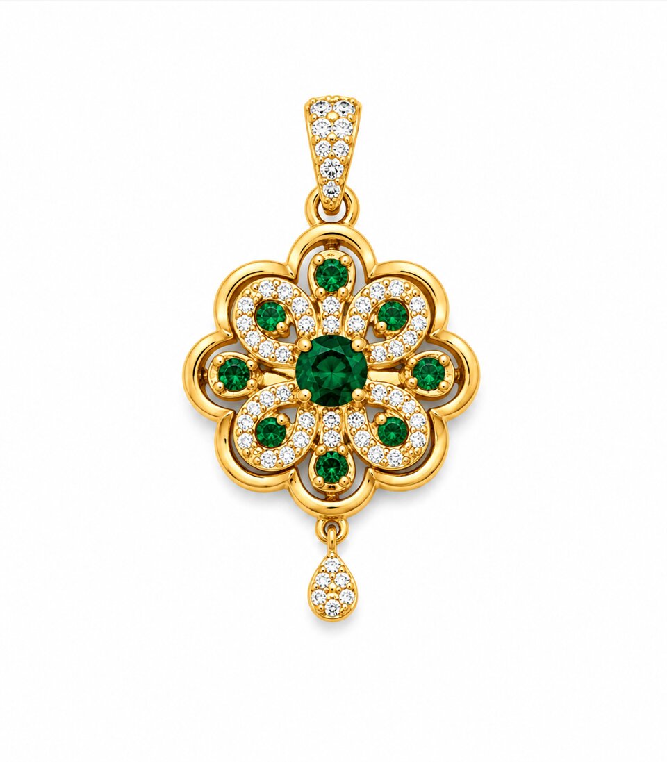 Emerald Floral Diamond Gold Pendant