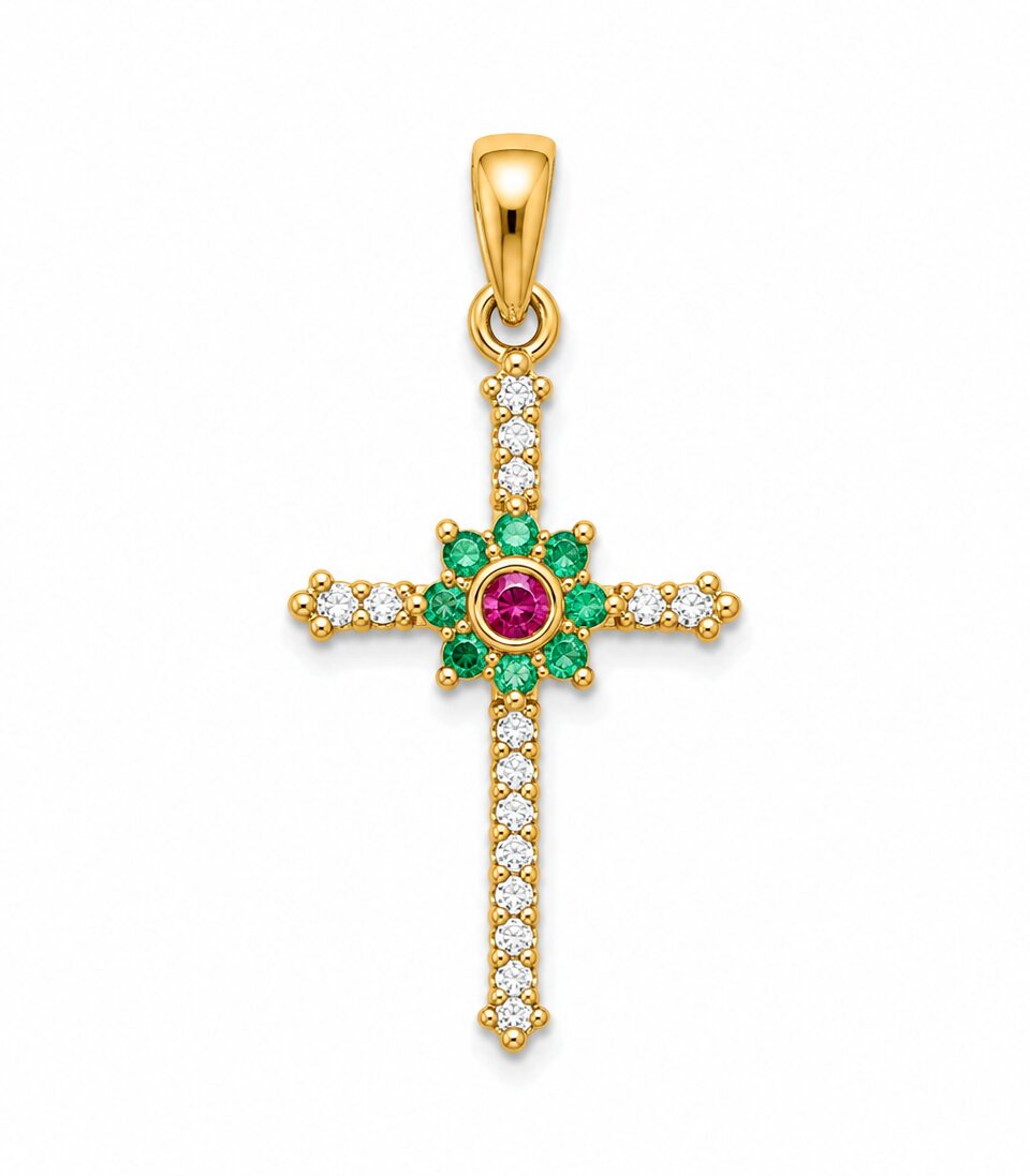 Diamond Cross with Ruby & Emerald Center Gold Pendant