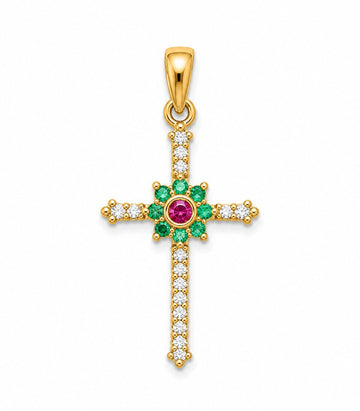Diamond Cross with Ruby & Emerald Center Gold Pendant