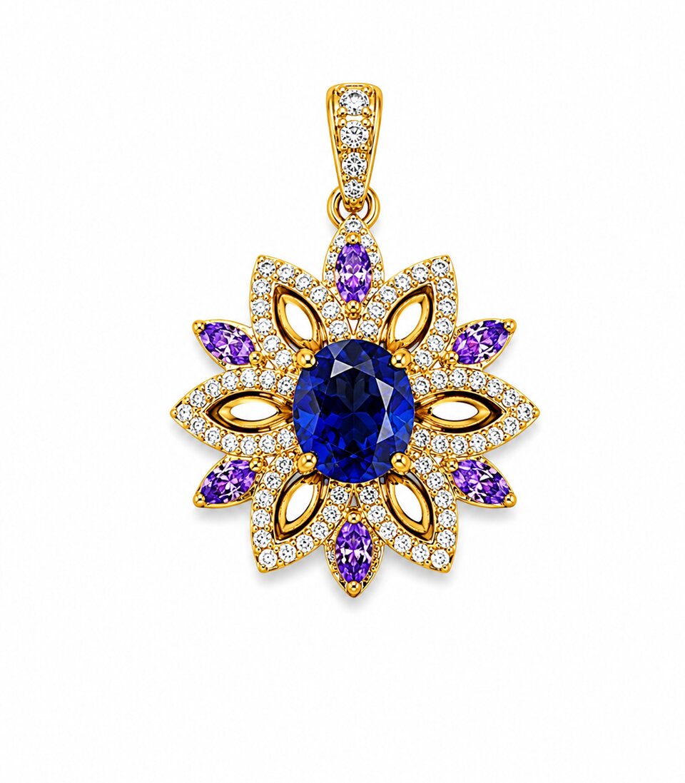 Blue Sapphire Flower Bloom Gold Pendant
