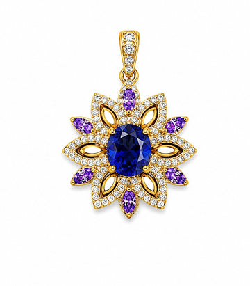 Blue Sapphire Flower Bloom Gold Pendant