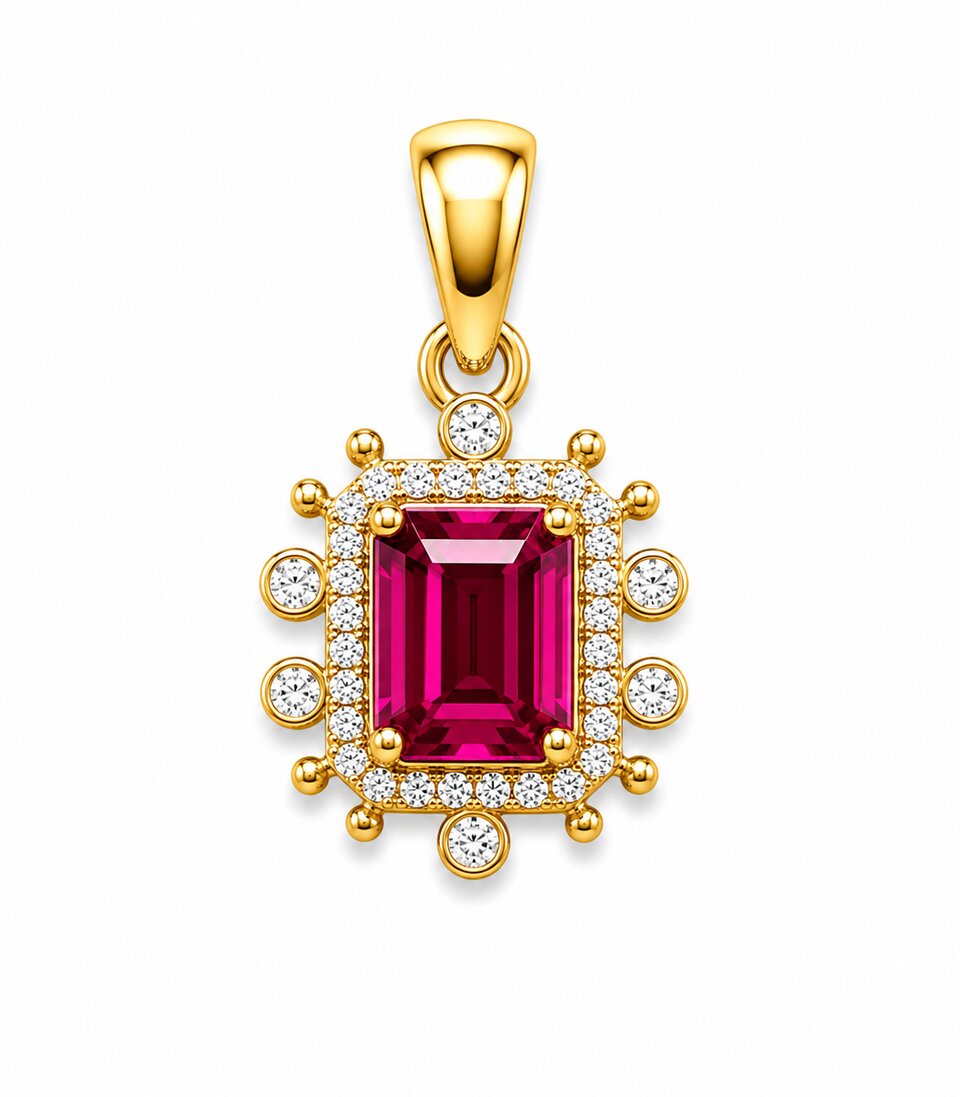 Ruby Emerald-Cut Halo Gold Pendant