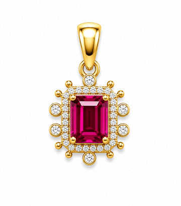 Ruby Emerald-Cut Halo Gold Pendant
