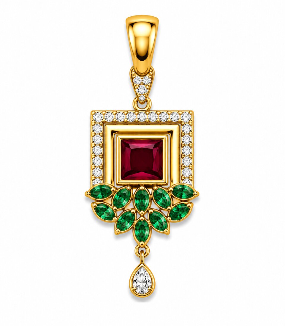 Ruby Square Emerald Fringe Gold Pendant
