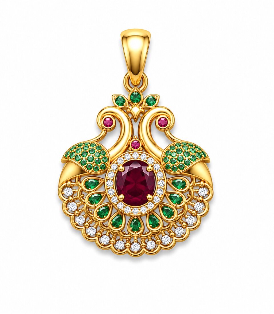 Ruby Peacock Fan Gold Pendant
