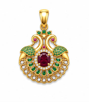 Ruby Peacock Fan Gold Pendant