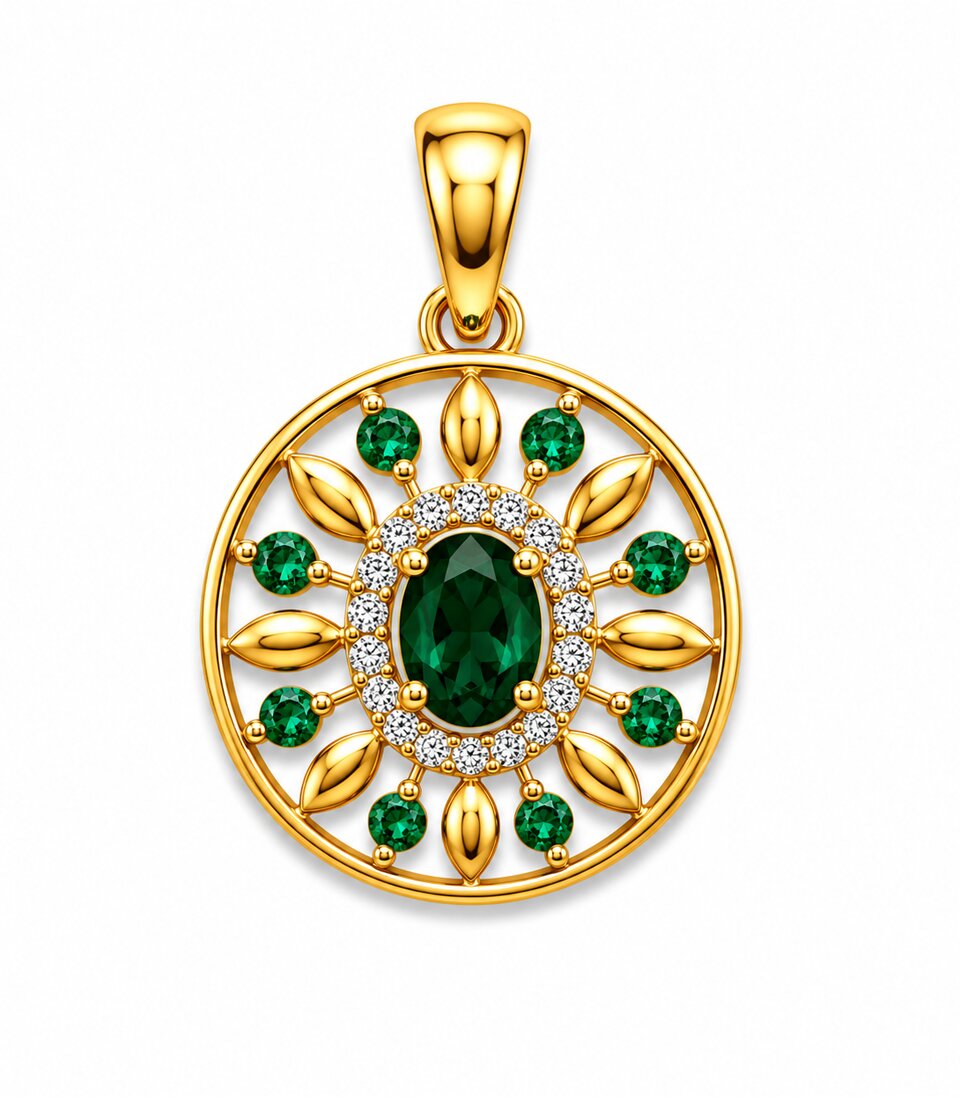 Emerald Floral Sunburst Gold Pendant