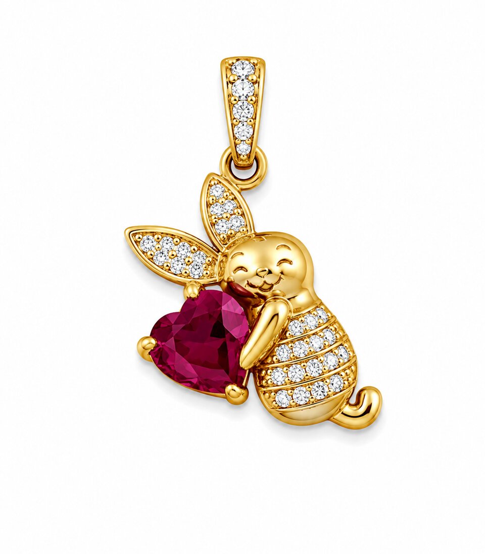 Ruby Heart Teddy Bear Gold Pendant