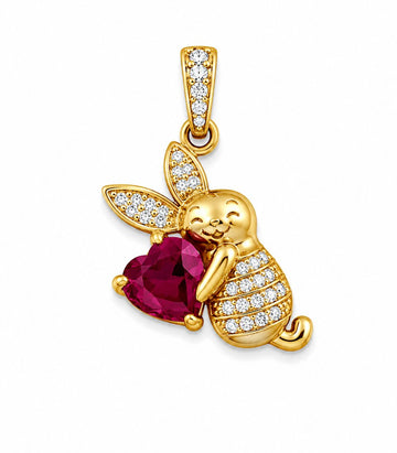 Ruby Heart Teddy Bear Gold Pendant