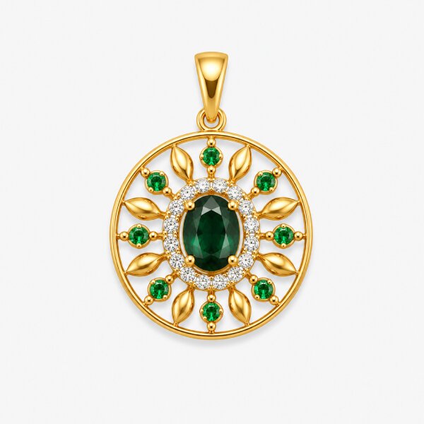 Emerald Floral Sunburst Gold Pendant