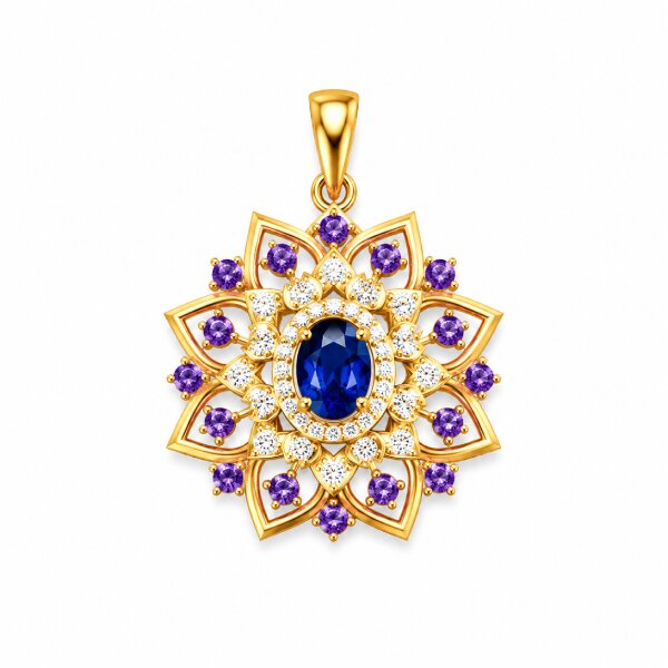 Blue Sapphire Floral Star Gold Pendant