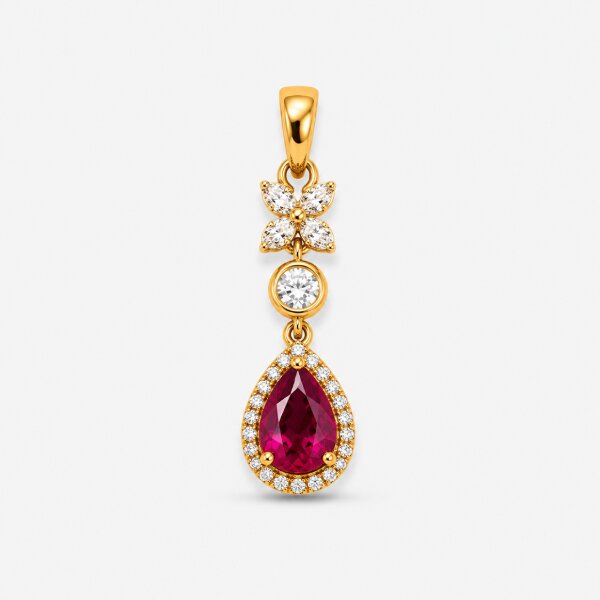 Ruby Pear Halo Gold Pendant