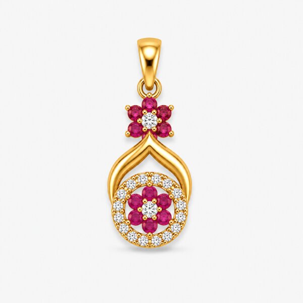 Ruby Floral Drop Gold Pendant
