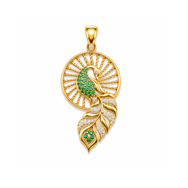 Gold Peacock Feather Diamond Pendant