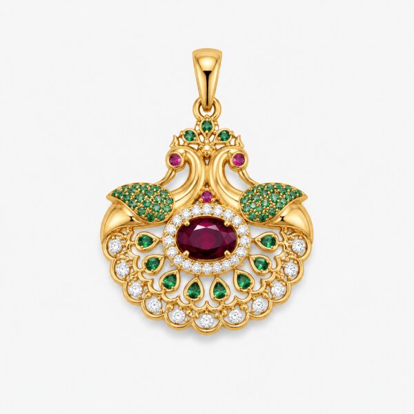 Ruby Peacock Fan Gold Pendant