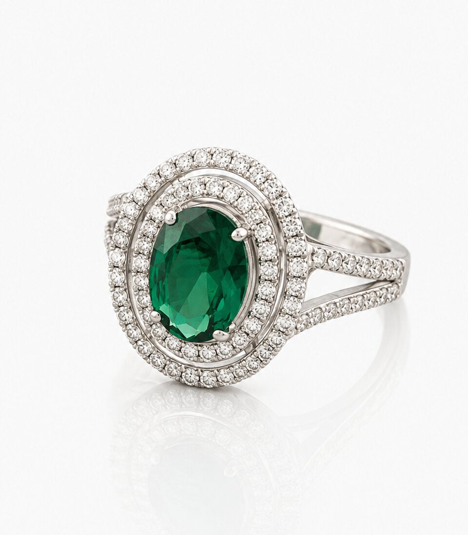 Diamond Ring With Green Gemstone Fully Covered Stones