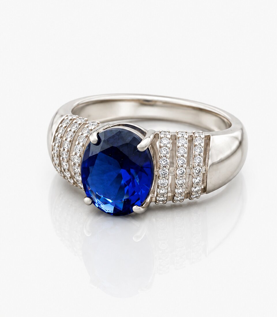 Diamond Ring With Vertical Stones Blue Gemstone
