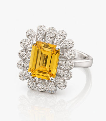 Ring With Square Yellow Gemstone Diamond Surround