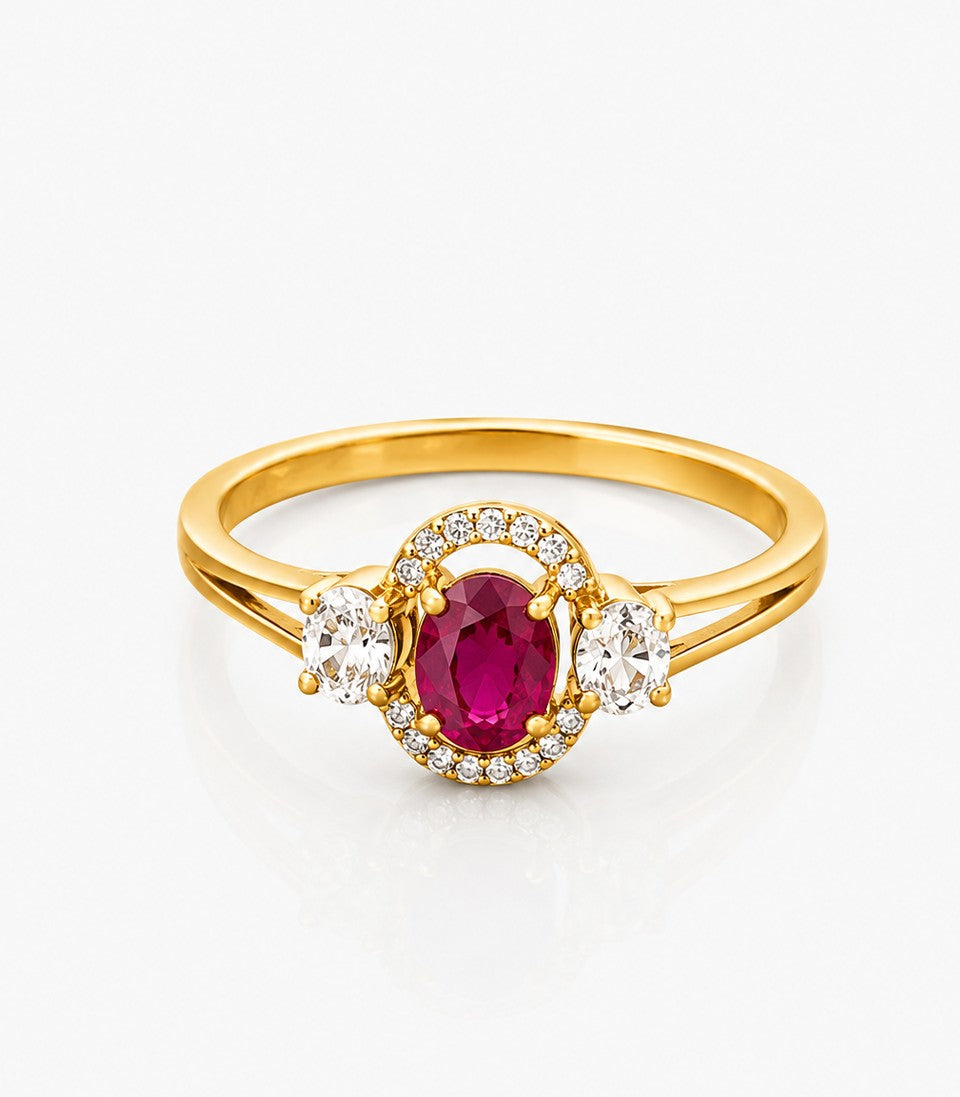 Gold ring with a red gemstone and diamonds on a white background