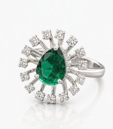 Ring With Green Gemstone Surrounded By Diamonds