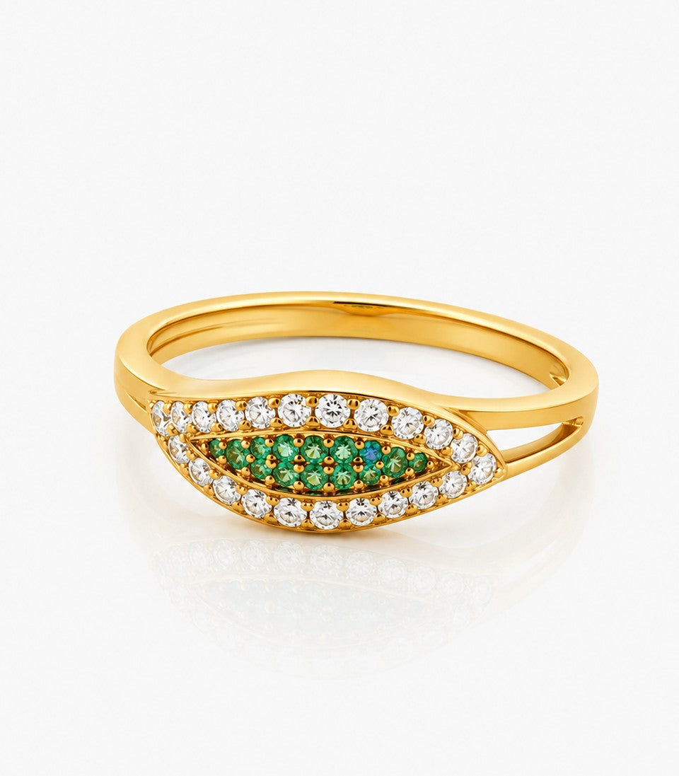 Gold Ring With Leaf Design Green Gemstones Diamonds