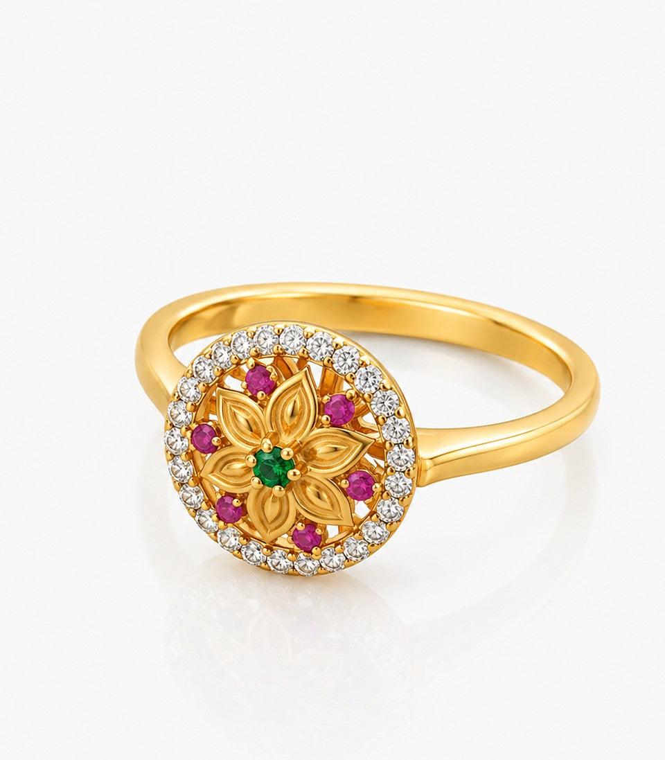 Gold Ring With Floral Design Pink Green Gemstones
