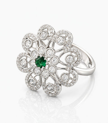 Ring With Floral Design Green Gemstone