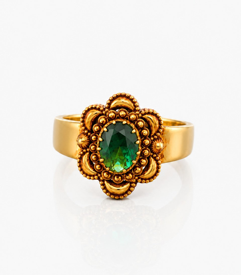 Gold Ring With Green Gemstone Pink Hue Design
