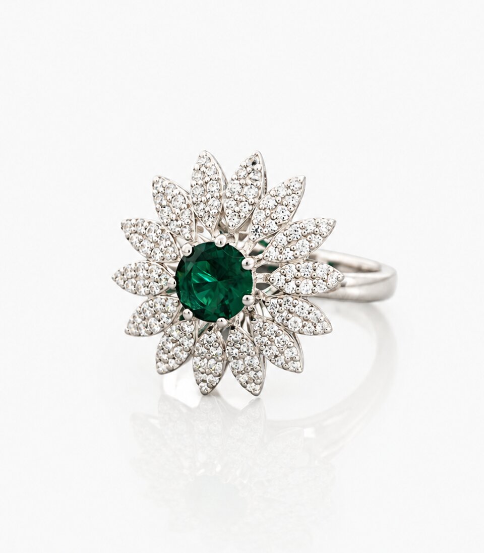 Ring With Green Gemstone Floral Pattern Design