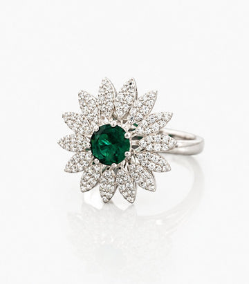 Ring With Green Gemstone Floral Pattern Design