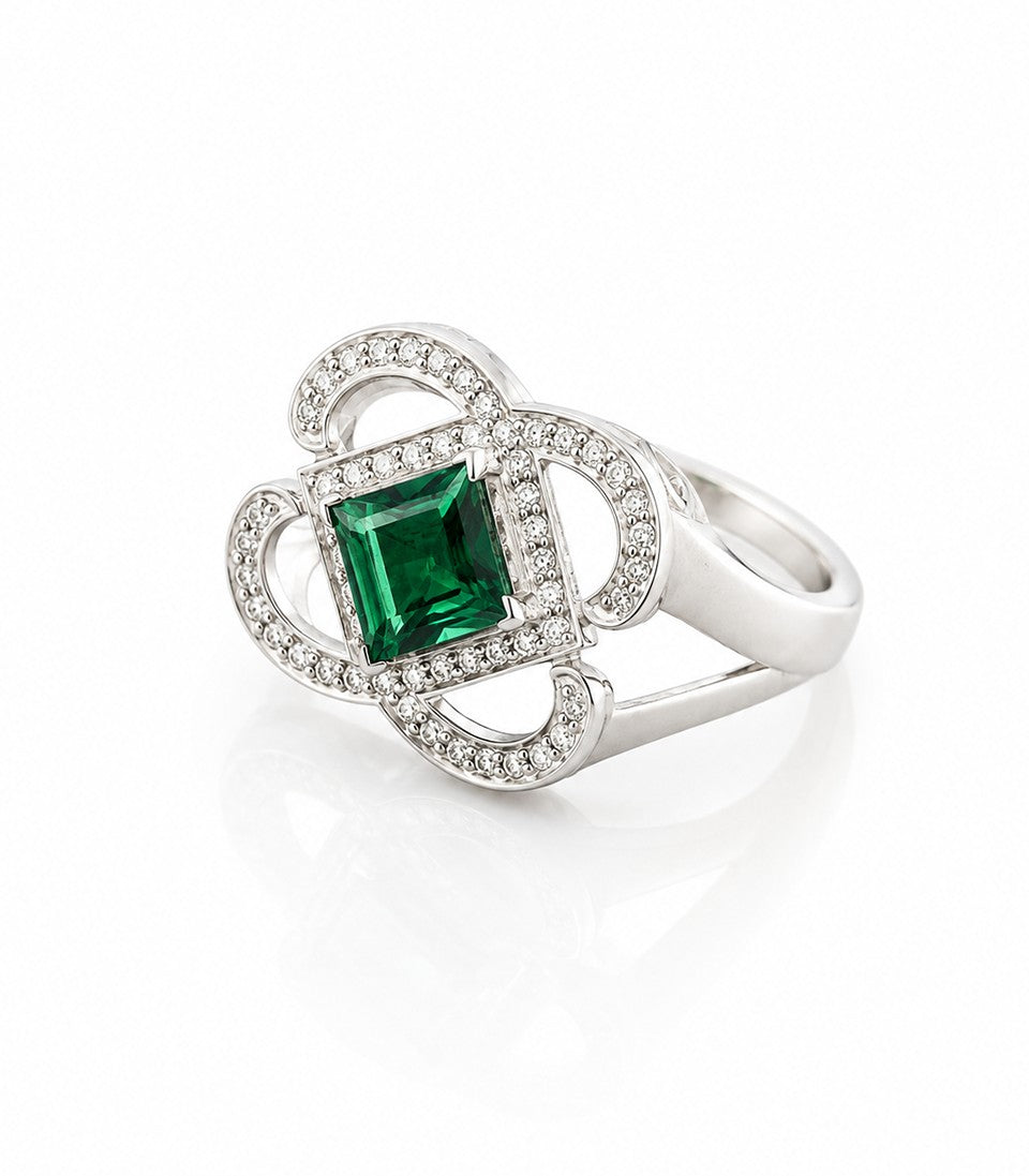 Ring With Large Green Gemstone Diamond Artistic Surround