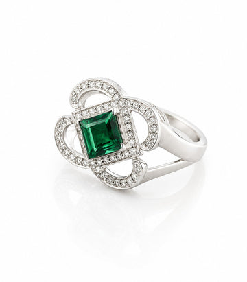 Ring With Large Green Gemstone Diamond Artistic Surround