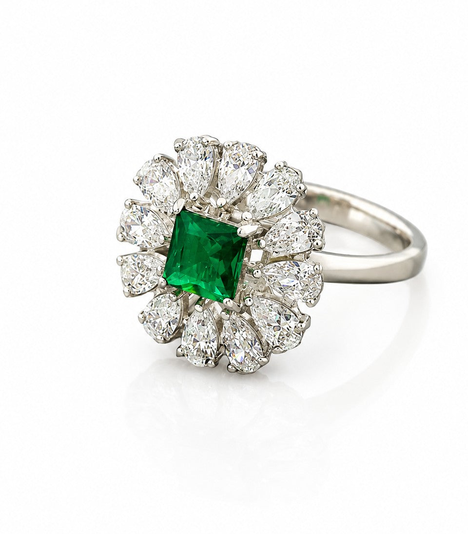 Ring With Green Gemstone Diamond Cluster