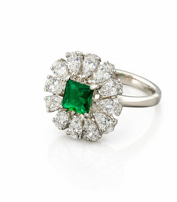 Ring With Green Gemstone Diamond Cluster