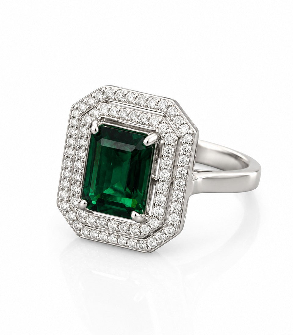 Ring With Square Green Gemstone Diamond Covered