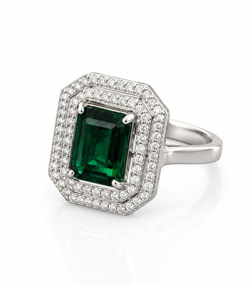Ring With Square Green Gemstone Diamond Covered