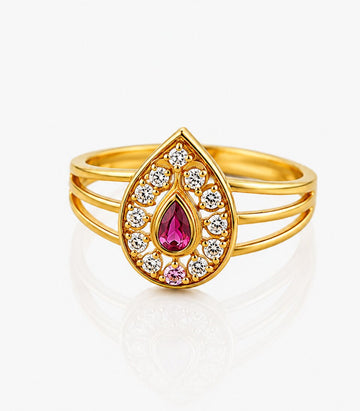 Gold ring with a teardrop-shaped pink gemstone and diamond accents on a white background