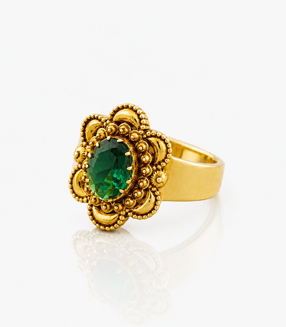 Gold Ring With Green Gemstone Pink Hue Design