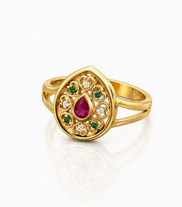 Gold Ring With Ruby Center Green Gemstones