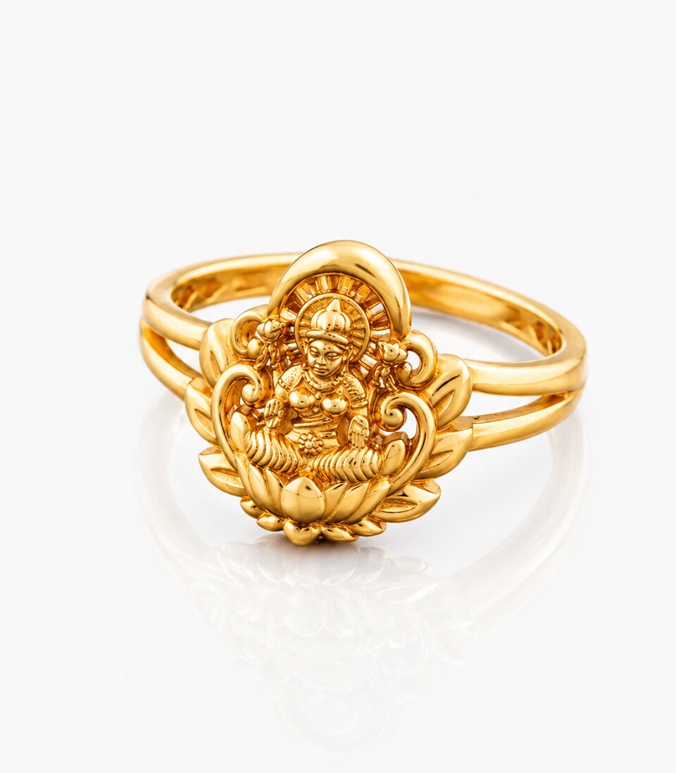 Gold Ring With Intricate Lakshmi Design on a white background