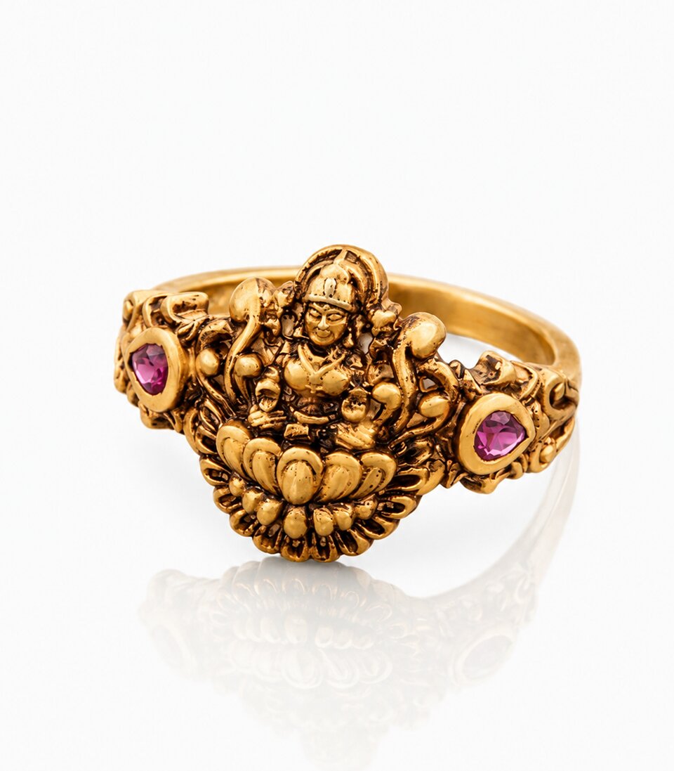 Gold Ring With Lakshmi Design Ruby Stones