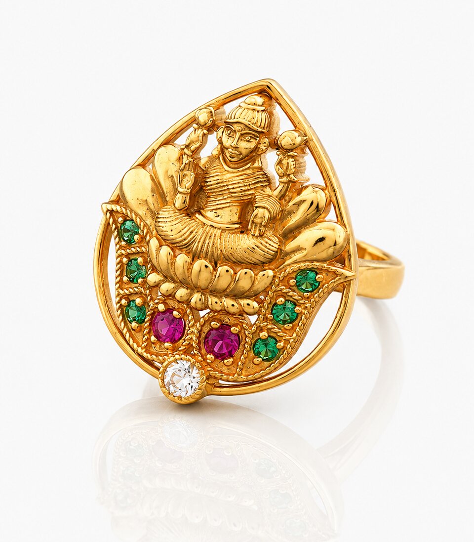 Gold Ring With  Lotus Lakshmi Green Pink Gemstones