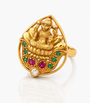 Gold Ring With  Lotus Lakshmi Green Pink Gemstones