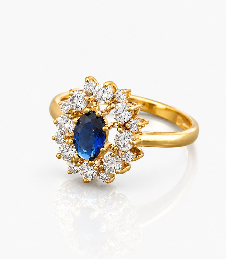 Gold Ring With A Blue Gemstone And Diamond Accents on a white background