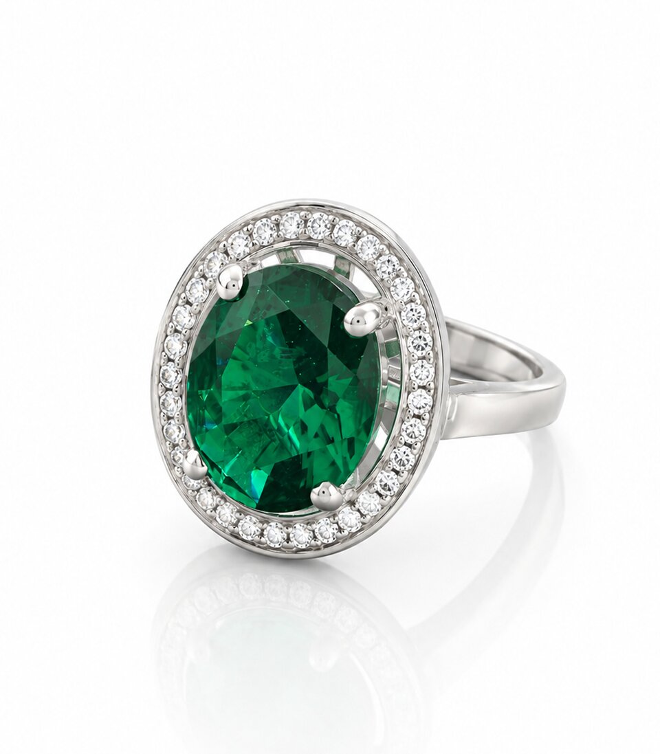 Diamond Ring With Large Green Gemstone Centerpiece